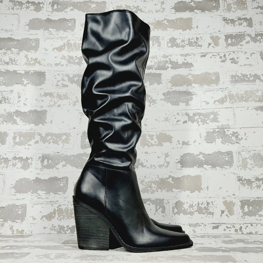 NEW Charles By Charles David In Black Faux Leather Block Heeled Boots B533 - Picture 4 of 12